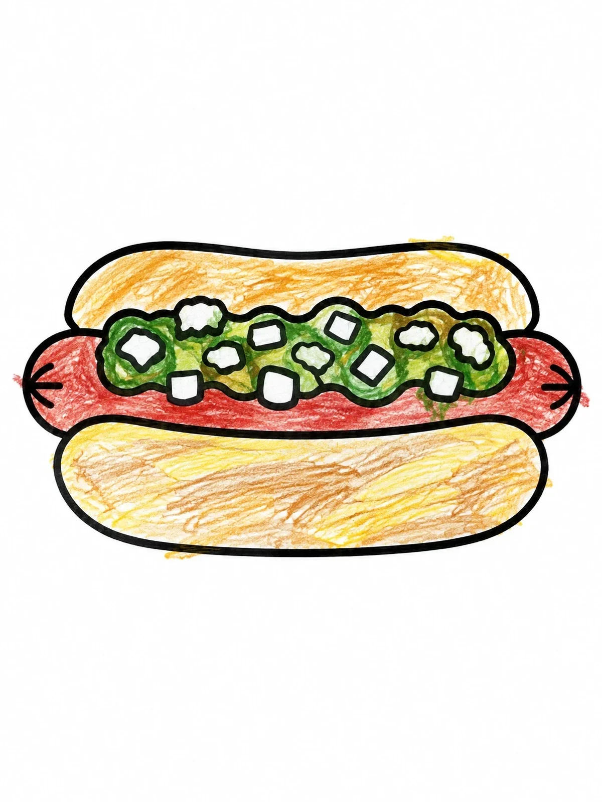 Colored example of the Hot Dog With Relish And Onions coloring page