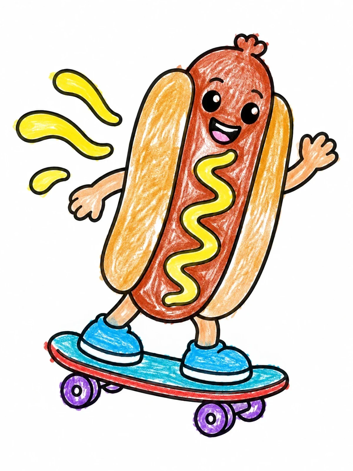Colored example of the Hot Dog Riding A Skateboard coloring page