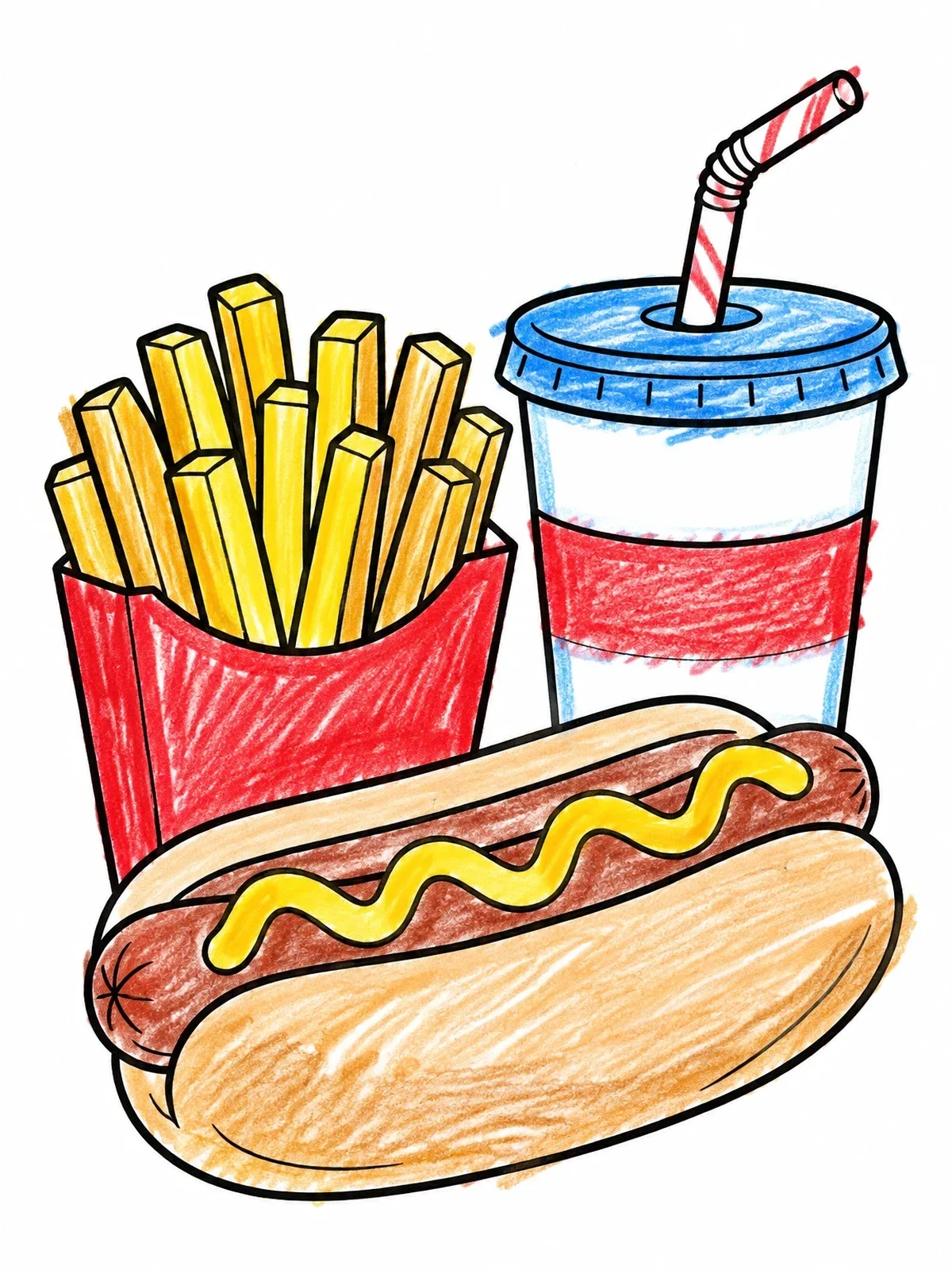 Colored example of the Hot Dog With Fries And Soda coloring page