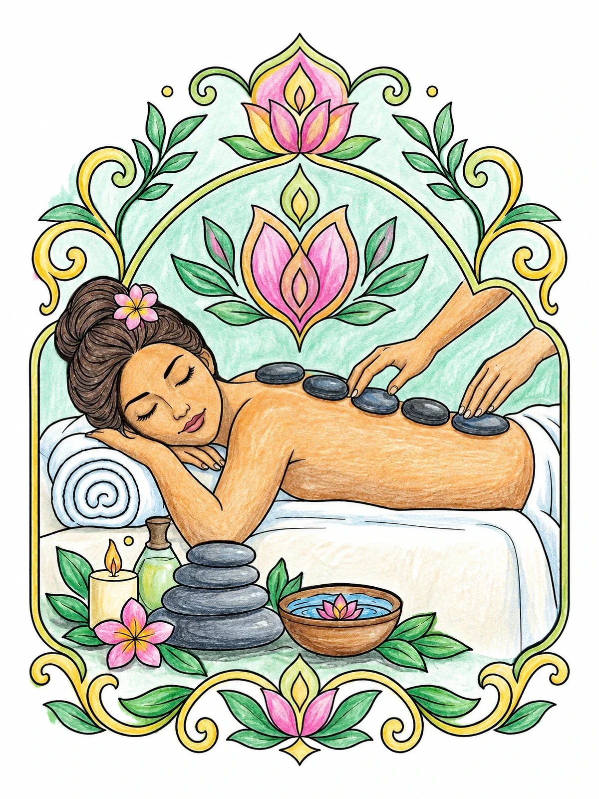 Colored example of the Hot Stone Massage Therapy Session coloring page