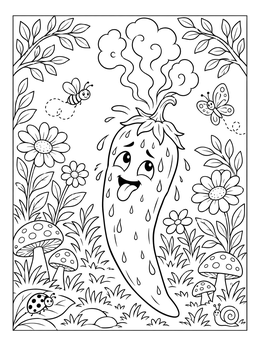 Free printable Hot And Sweaty Chili Pepper In The Garden coloring page