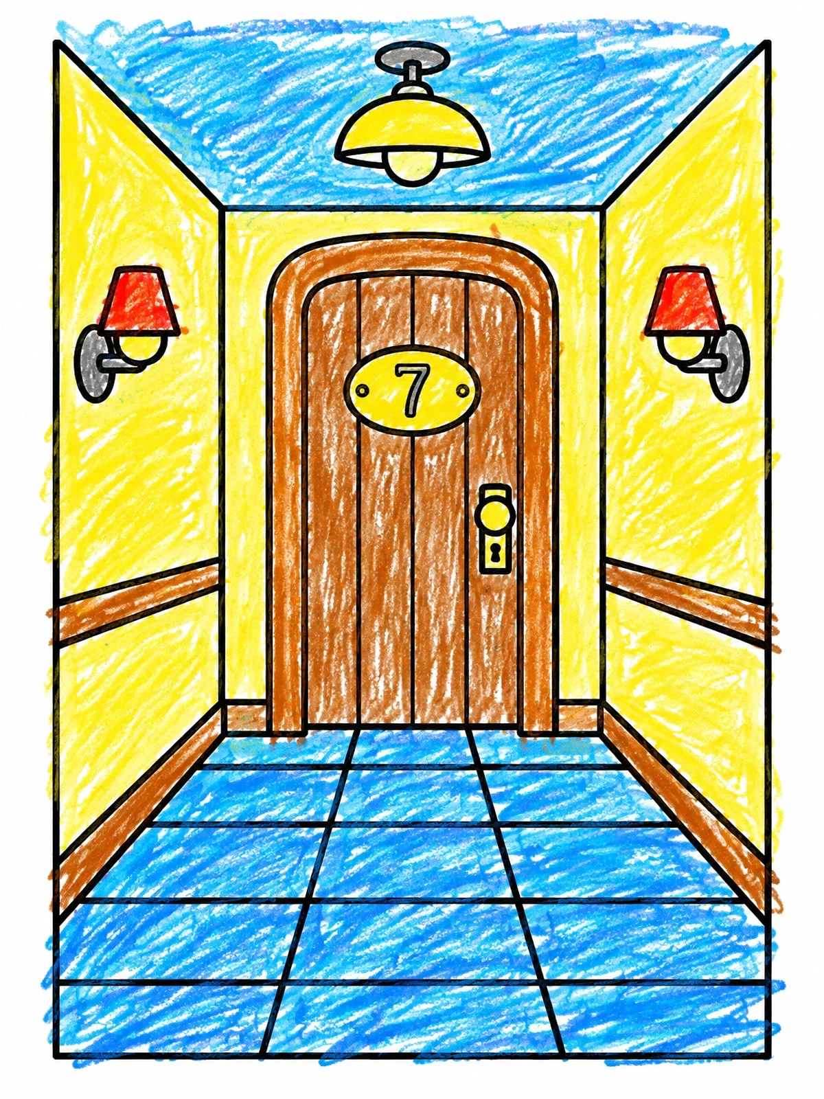 Colored example of the Hotel Hallway Door Number Seven coloring page