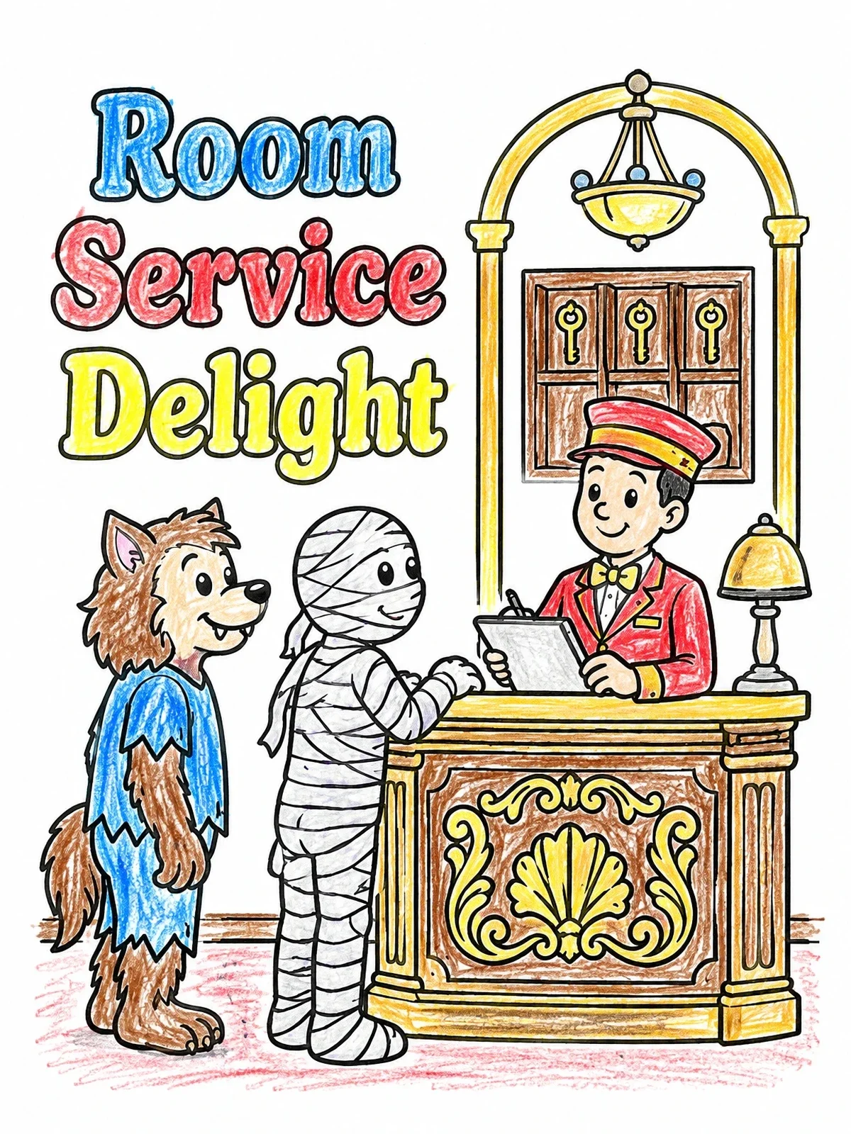 Colored example of the Monster Guests At Hotel Reception coloring page