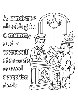 Free printable Friendly Monsters Checking Into Hotel coloring page