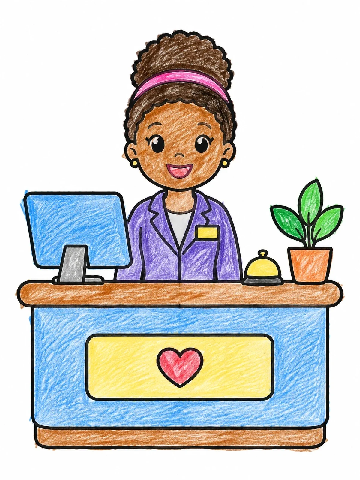 Colored example of the Friendly Hotel Receptionist At The Desk coloring page
