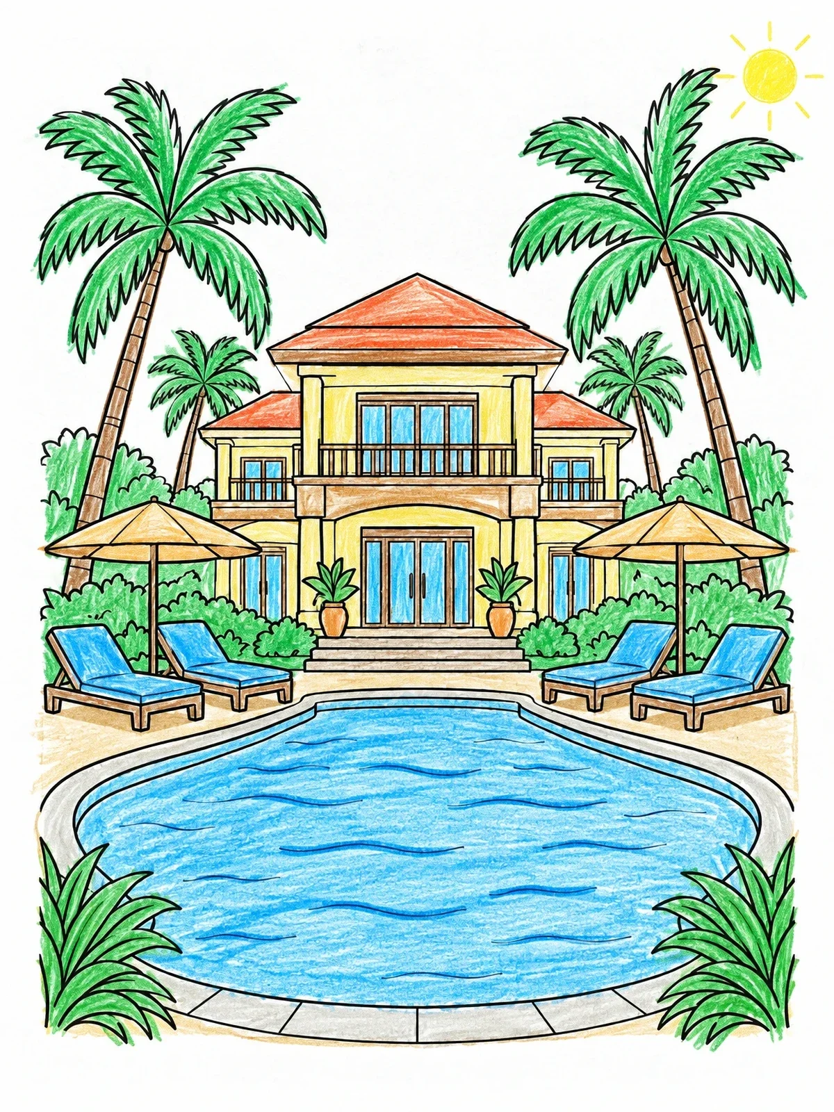 Colored example of the Tropical Resort Villa With Pool coloring page