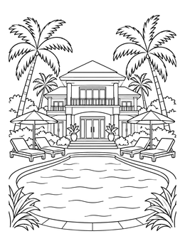 Free printable Tropical Resort Villa With Pool coloring page