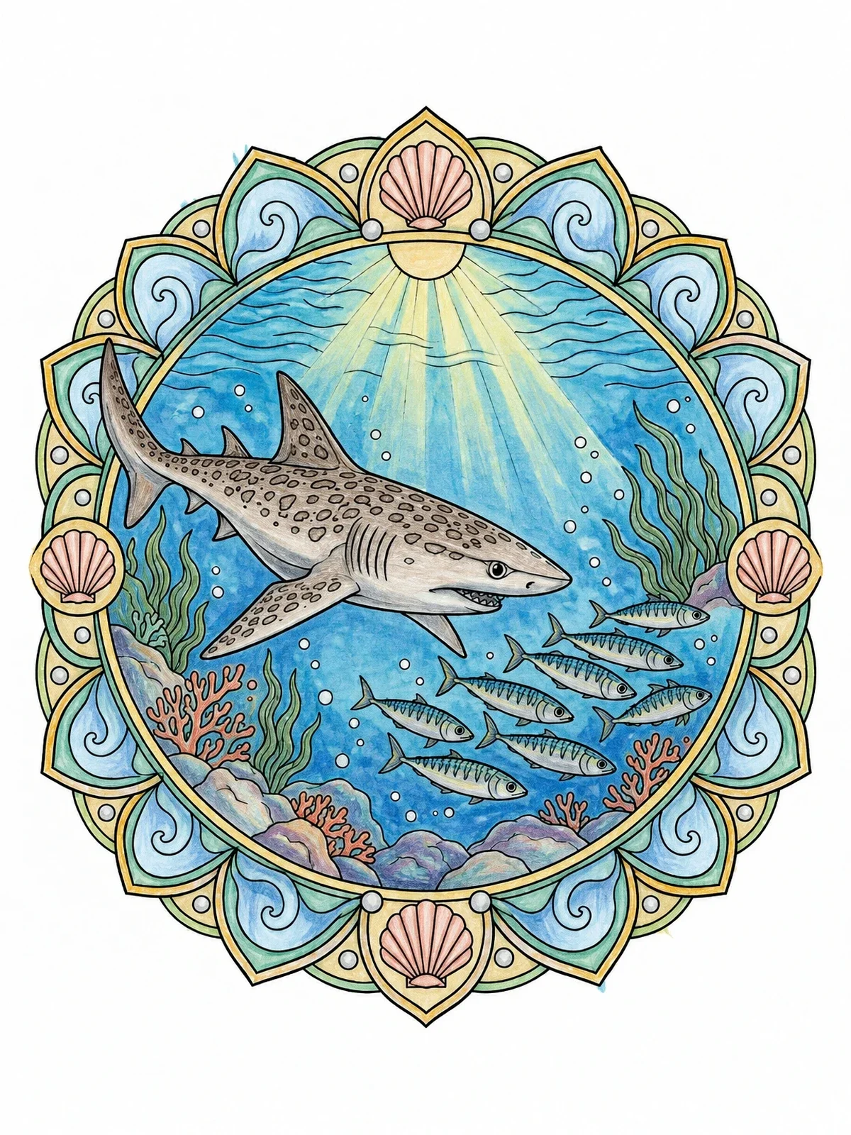 Colored example of the Houndshark And Mackerel Mandala coloring page
