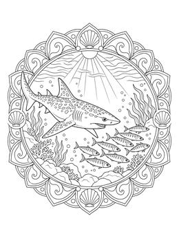Detailed shark coloring page inside an ornate seashell mandala frame with schooling fish.