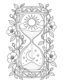 An ornate hourglass wrapped in flowering vines on this ecclesiastes coloring page.