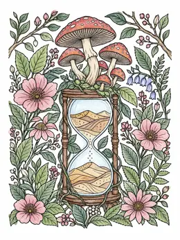 Hourglass With Mushrooms And Flowers Coloring Page