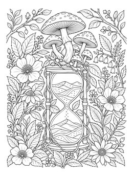 An ornate mushroom coloring page featuring an hourglass surrounded by blooming flowers and leaves.