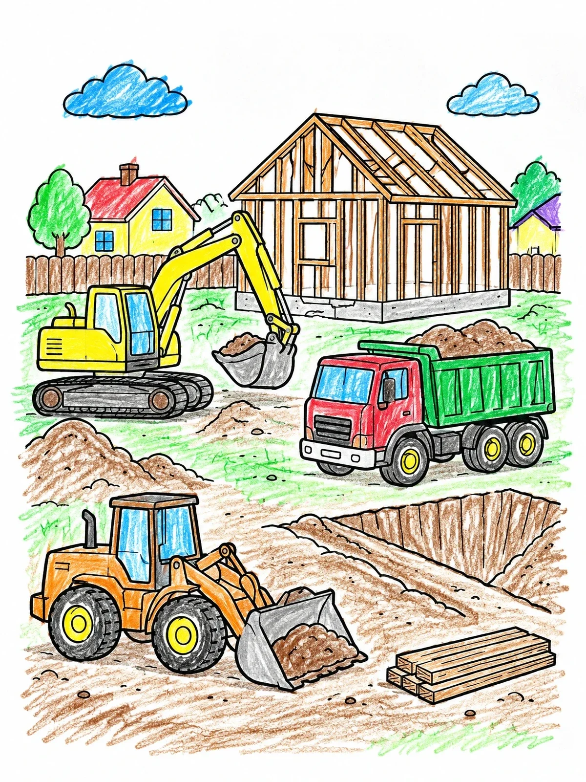 Colored example of the House Construction Site With Vehicles coloring page