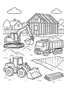 Free printable House Construction Site With Vehicles coloring page