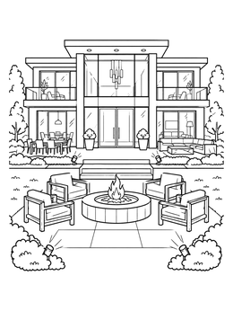 A luxury house coloring page featuring a modern glass mansion with a cozy outdoor fire pit.