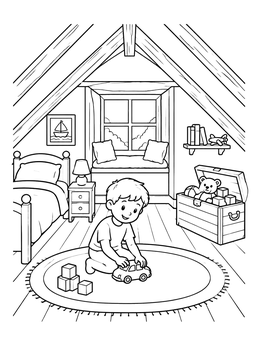 A cheerful boy plays with a toy car in this cozy attic house coloring page.