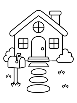 A cozy cottage with a mailbox and stone pathway on this house coloring page.
