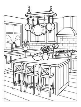 A house coloring page featuring a cozy kitchen island, hanging pots, and wooden barstools.