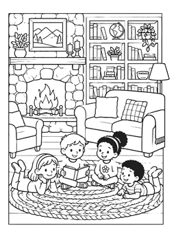 Children reading on a braided rug by a stone fireplace in this cozy house coloring page.