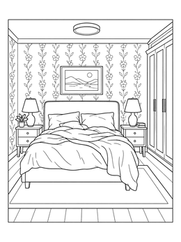 A master bedroom with an unmade bed and floral wallpaper in this house coloring page.