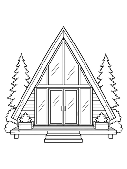 A triangular A-frame house coloring page with large glass windows and pine trees.