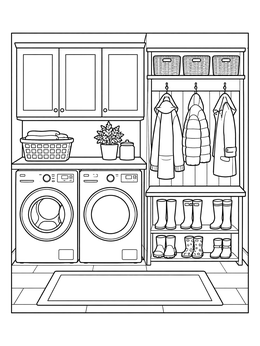 An organized laundry room and entryway bench in this house coloring page.