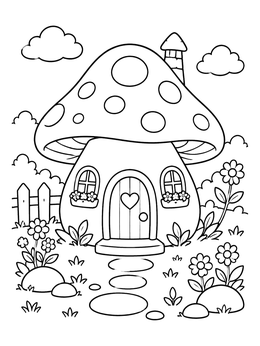 Free printable Cozy Mushroom Fairy House coloring page