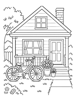 Free printable Cozy Porch With Bicycle And Flowers coloring page
