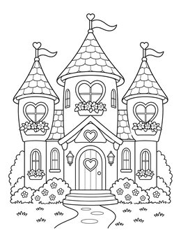 A fairytale castle in this whimsical house coloring page featuring heart-shaped windows.
