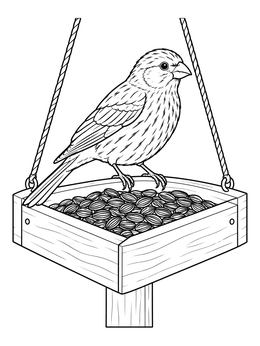 A detailed finch coloring page showing a songbird perched on a wooden feeder tray filled with seeds.