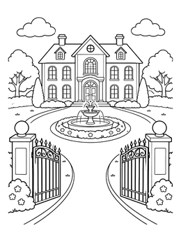 A stately mansion behind open gates with a fountain in this house coloring page.