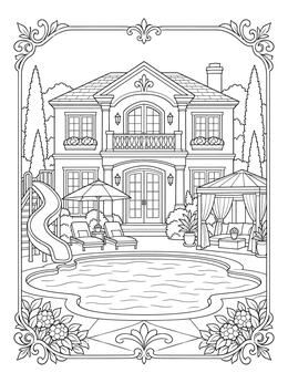A luxury house coloring page with an outdoor swimming pool, slide, and patio cabana.