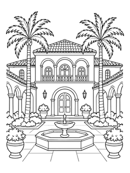 A luxurious Mediterranean villa with palm trees and fountain in this house coloring page.