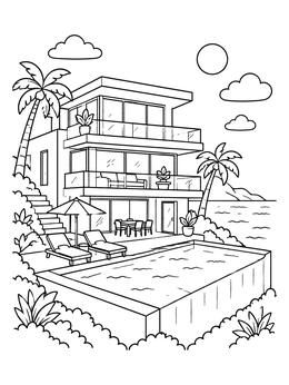 Modern villa by the ocean featured in a house coloring page.