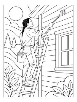 A house painter coloring page showing a worker on a ladder painting exterior siding with a brush.