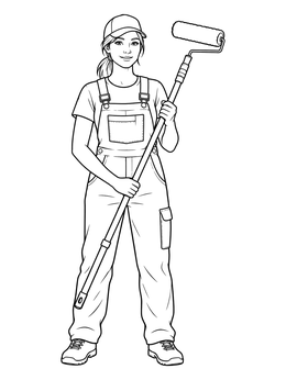 A smiling house painter wearing overalls holding an extension roller in this painter coloring page.