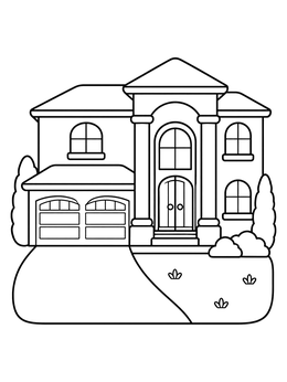 A house coloring page featuring a two-story suburban home with tall columns and a driveway.