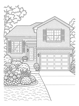 A detailed house coloring page showing a split-level suburban home with a garage and garden.