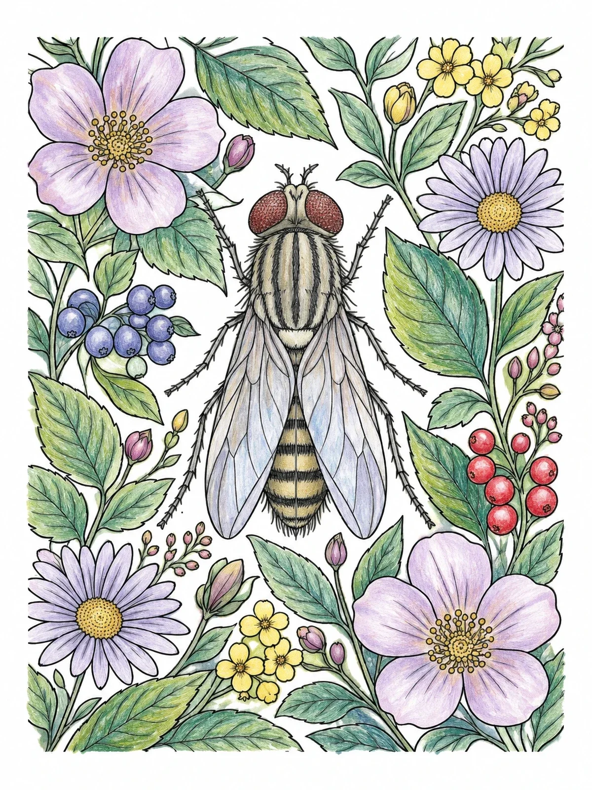 Colored example of the Housefly In Floral Garden coloring page