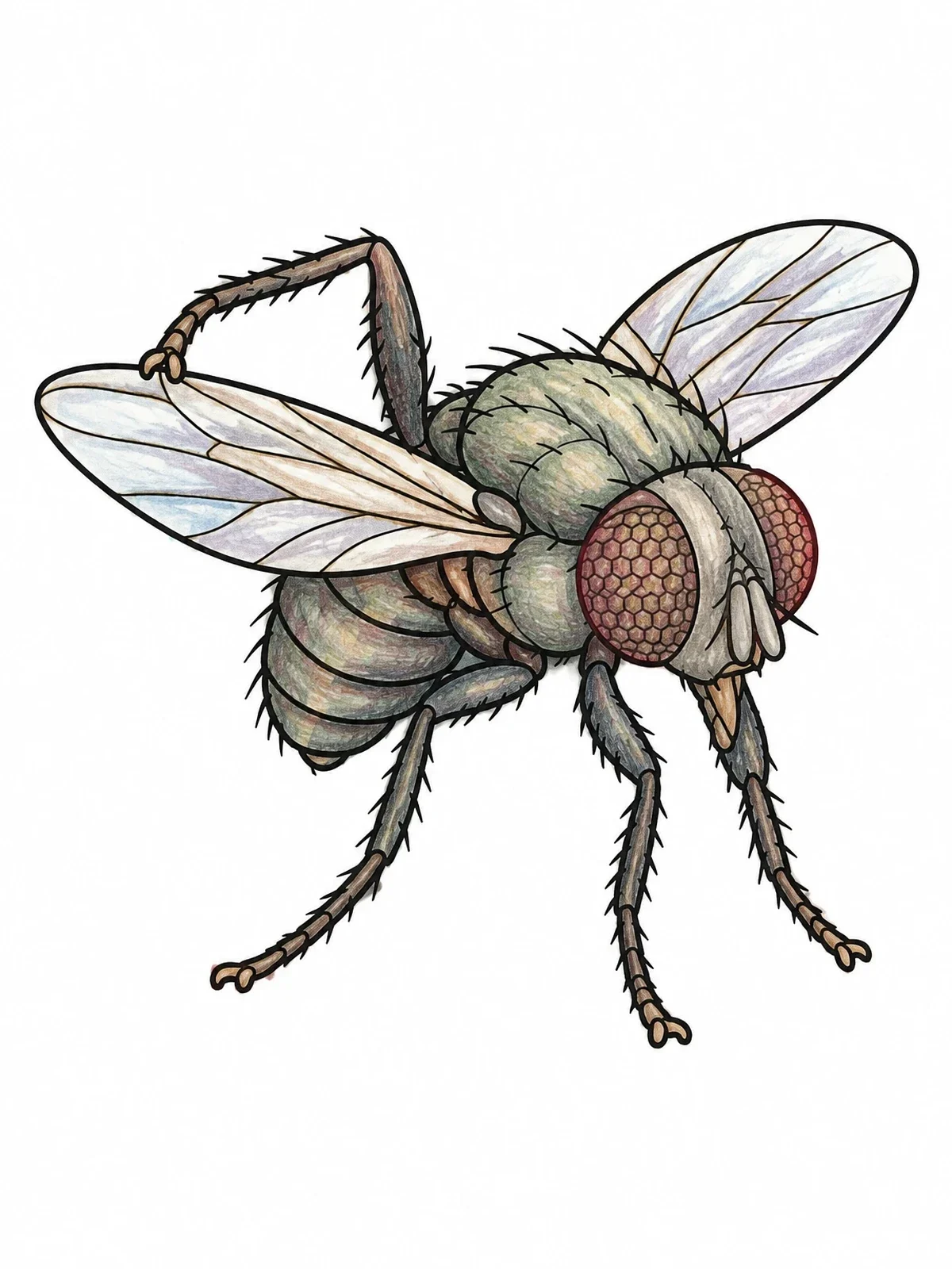 Colored example of the Housefly Preening Wings Line Art coloring page