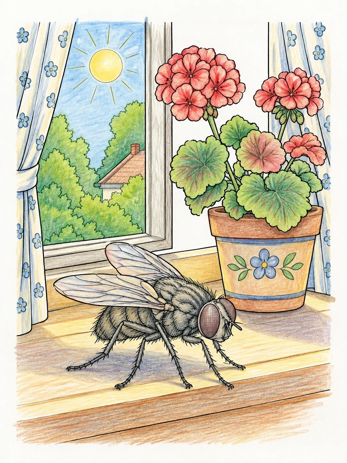 Colored example of the Housefly On A Sunny Windowsill coloring page
