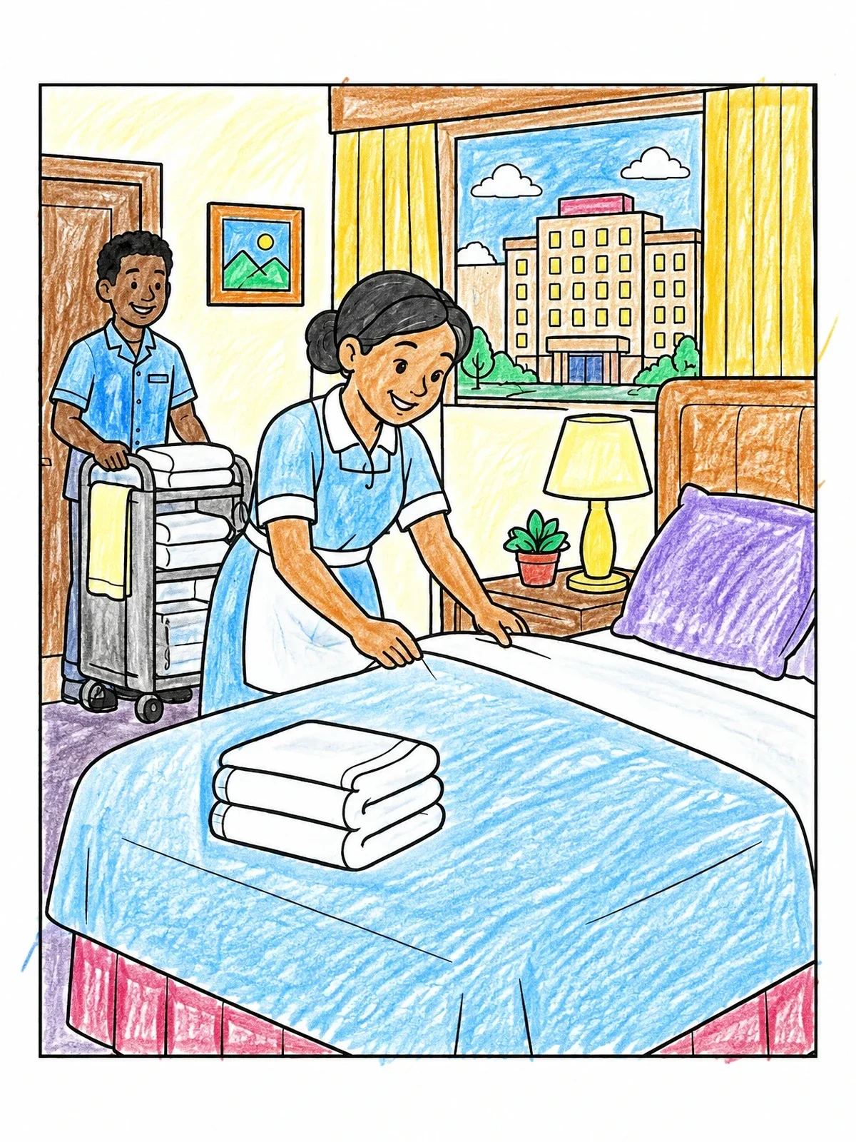 Colored example of the Housekeepers Tidying A Hotel Bedroom coloring page