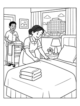 Free printable Housekeepers Tidying A Hotel Bedroom coloring page