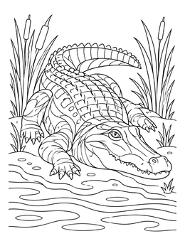 An American alligator lies near bayou waters on this houston coloring page.