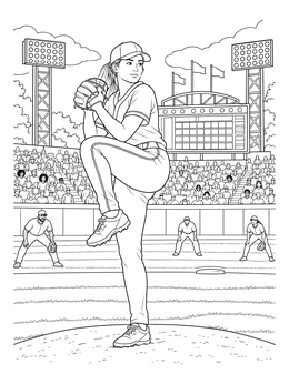 A baseball player preparing to pitch in this houston coloring page set in a lively stadium.