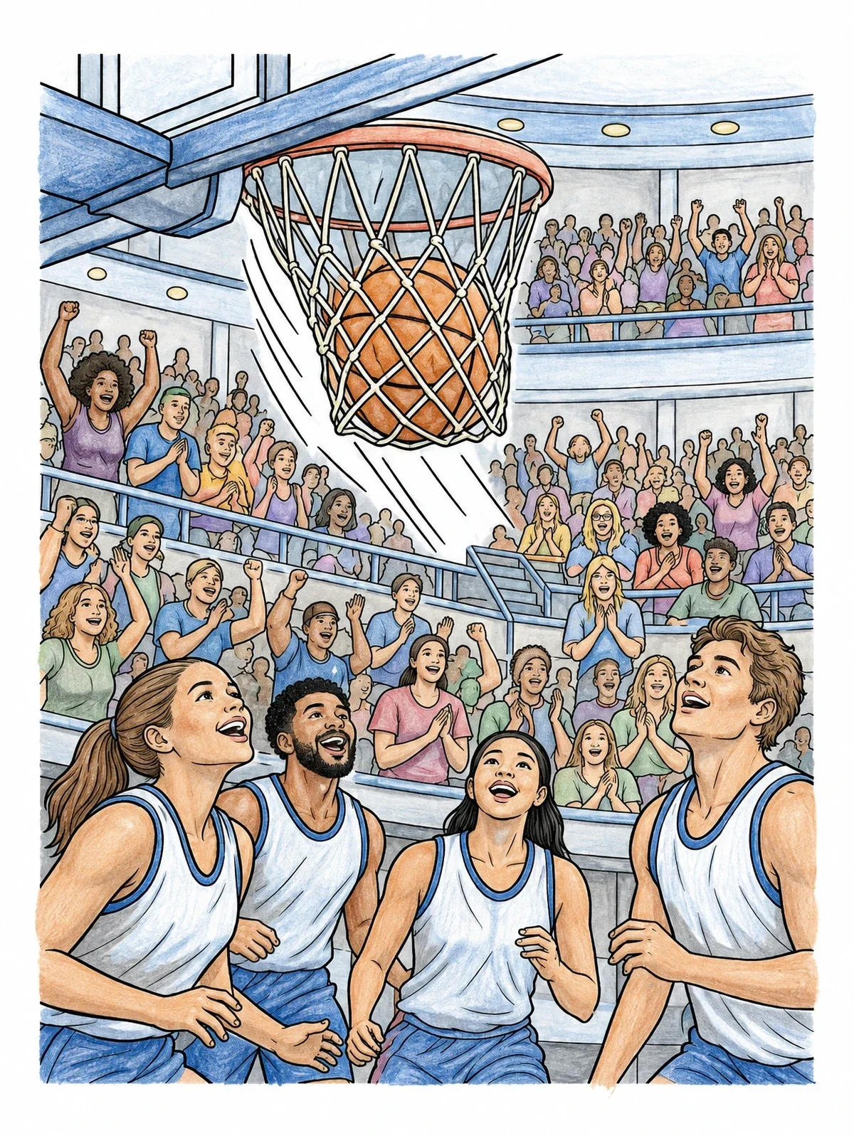 Colored example of the Exciting Basketball Game In The Arena coloring page