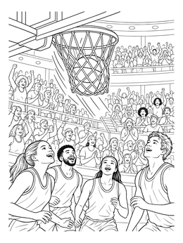 Cheering fans and players watching a shot on this houston coloring page.