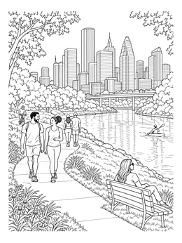 People enjoying a scenic walk along the river in this Houston coloring page featuring the downtown skyline.