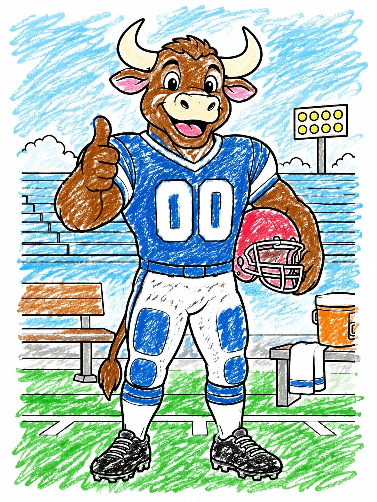 Colored example of the Friendly Bull Football Mascot On The Sidelines coloring page