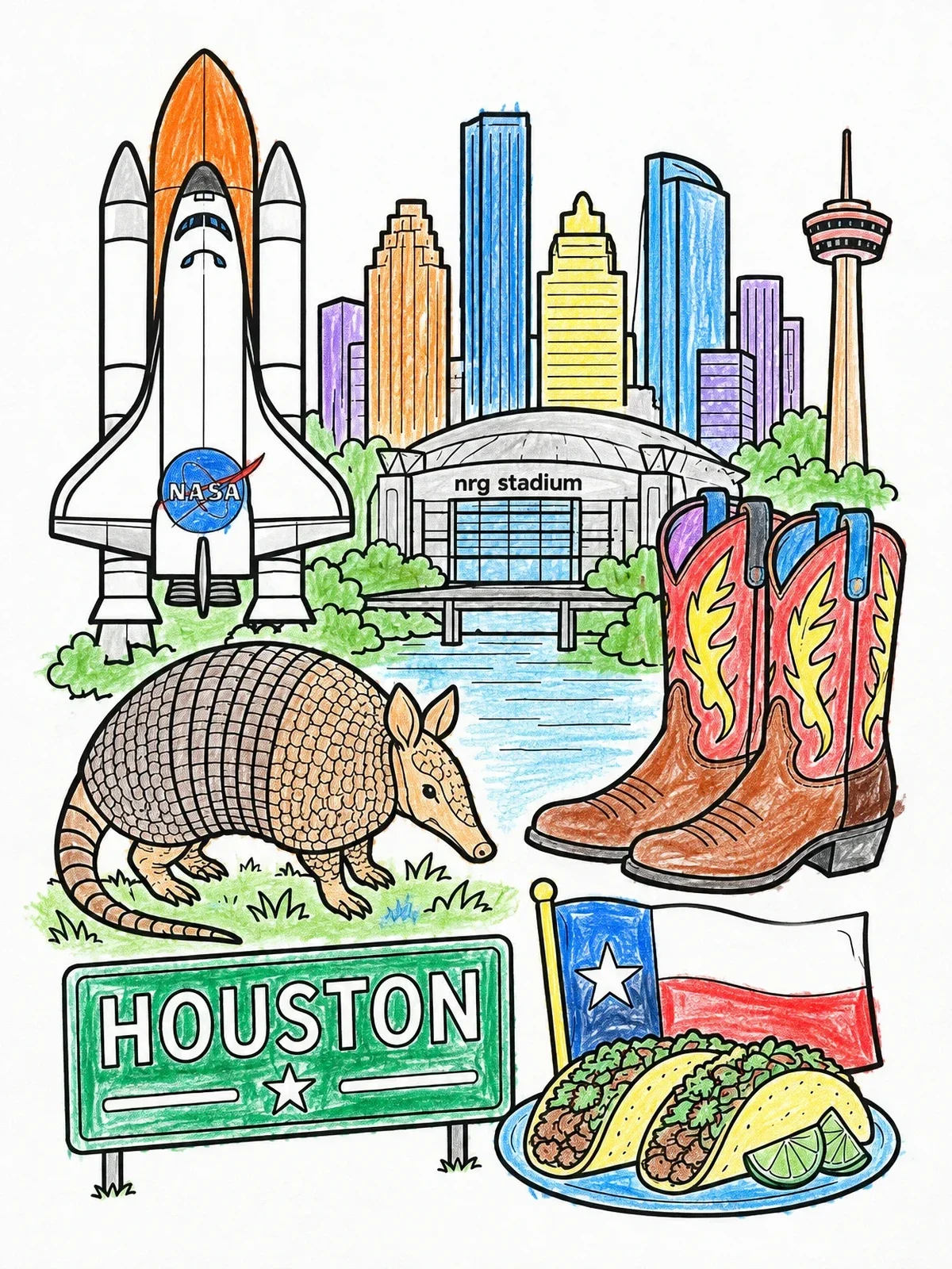 Colored example of the Houston Landmarks And Texas Icons Collage coloring page